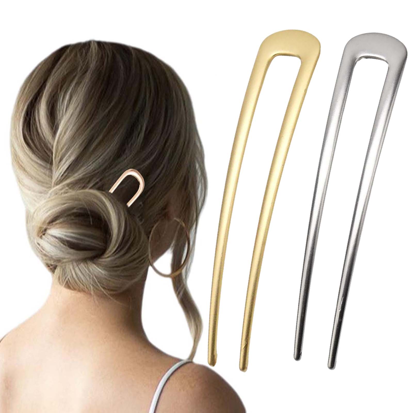 Clip In Hair Piece - フランス製U字型ヘアピン ヴィンテージメタルヘアフォークスティック 女性用 厚い髪用スタイリングアクセサリー ゴールドシルバーカラー バンツール