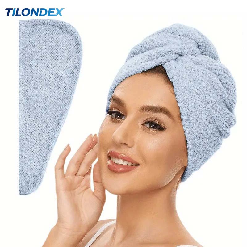 Hair Turban Towel - TILONDEX 1PC ストライプ柄コーラルフリースヘアターバン速乾ボタン留めヘアラップ（女性用）