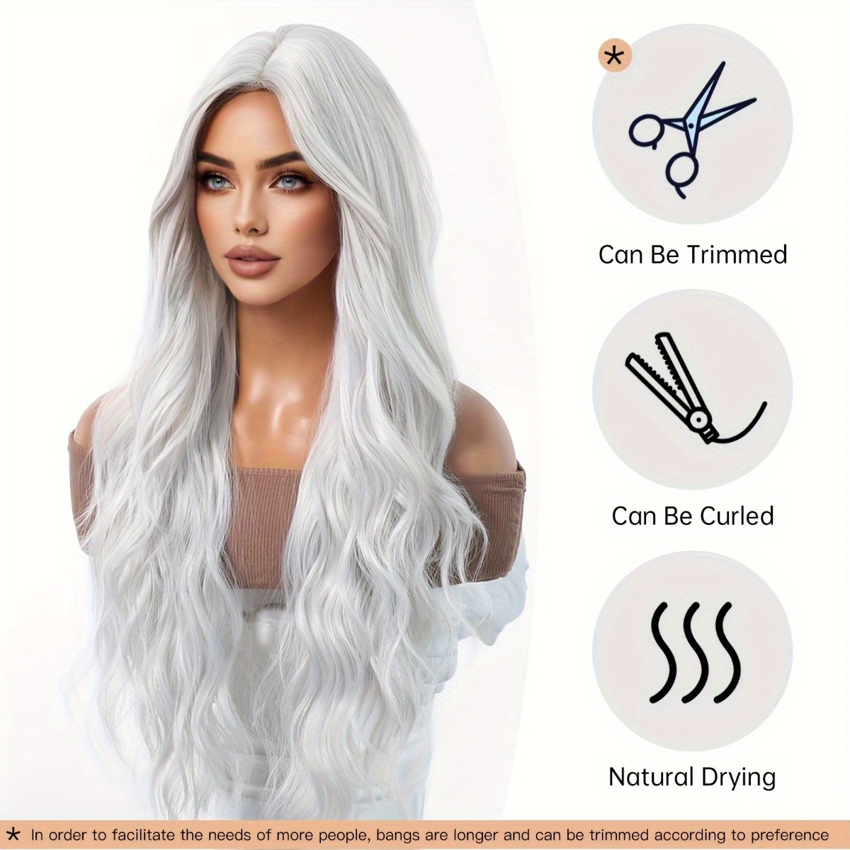 Hair Care Nature - 安信ブランド合成繊維ウィッグ：シルバーホワイトの自然な大きなウェーブのかかったロングカールヘアスタイル、髪の毛は滑らかで光沢があり、質感はダイナミックで軽量です。 高品質の合成繊維素材で作られており、快適な着用感、肌に優しく、お手入れが簡単です。 大人の女性の日常のファッションスタイリング、目を引くパーティー衣装、コスプレキャラクターの再現、ゴシック/レトロをテーマにした衣装、トレンディなアイテムに適しています。