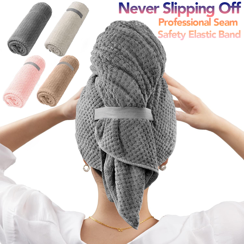 Hair Turban Towel - マイクロファイバーヘアタオル特大ラップ速乾性ヘアタオルラップ弾性バンド付き、超吸収性ソフトヘアタオルラップターバン