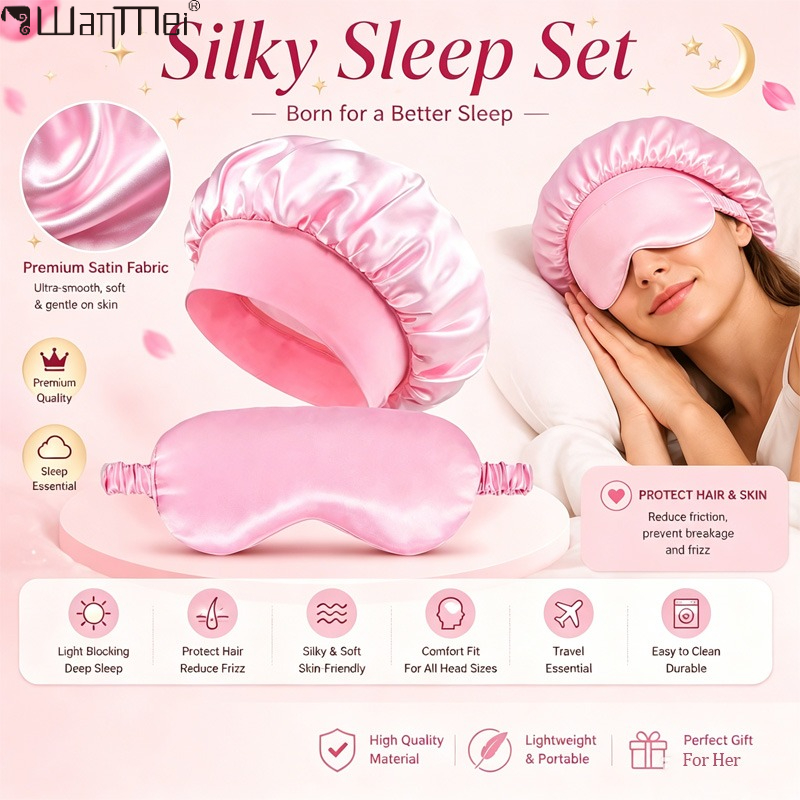 Hair Care Hair Mask - ﻿ サテンボンネット睡眠アイマスクセット、幅広ゴムバンドシルクヘアボンネット、女性用ヘアケアナイトスリーピング用ソフト遮光アイマスク
