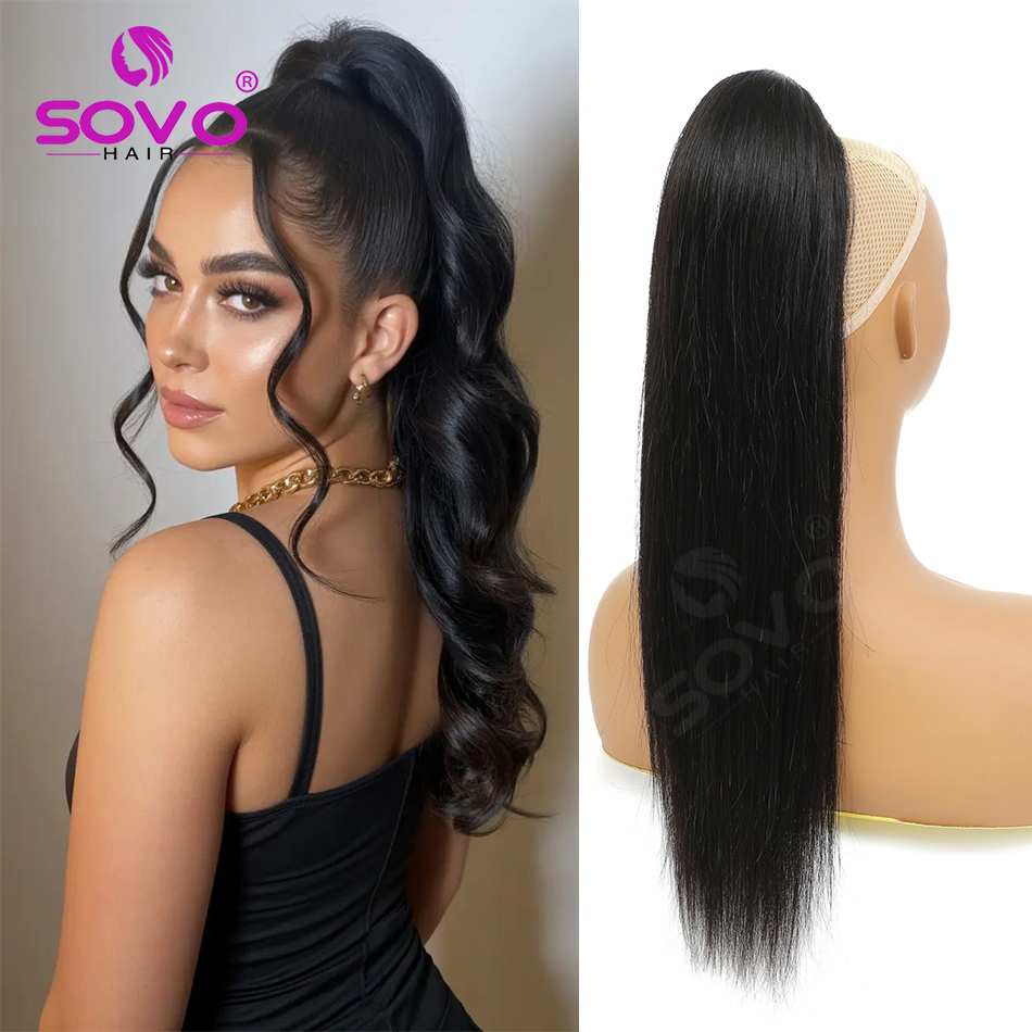 Clip In Hair Piece - 100%レミーブラジリアンストレート人毛ポニーテール、ドローストリング付きナチュラルブラッククリップインラップヘアピース（女性用）