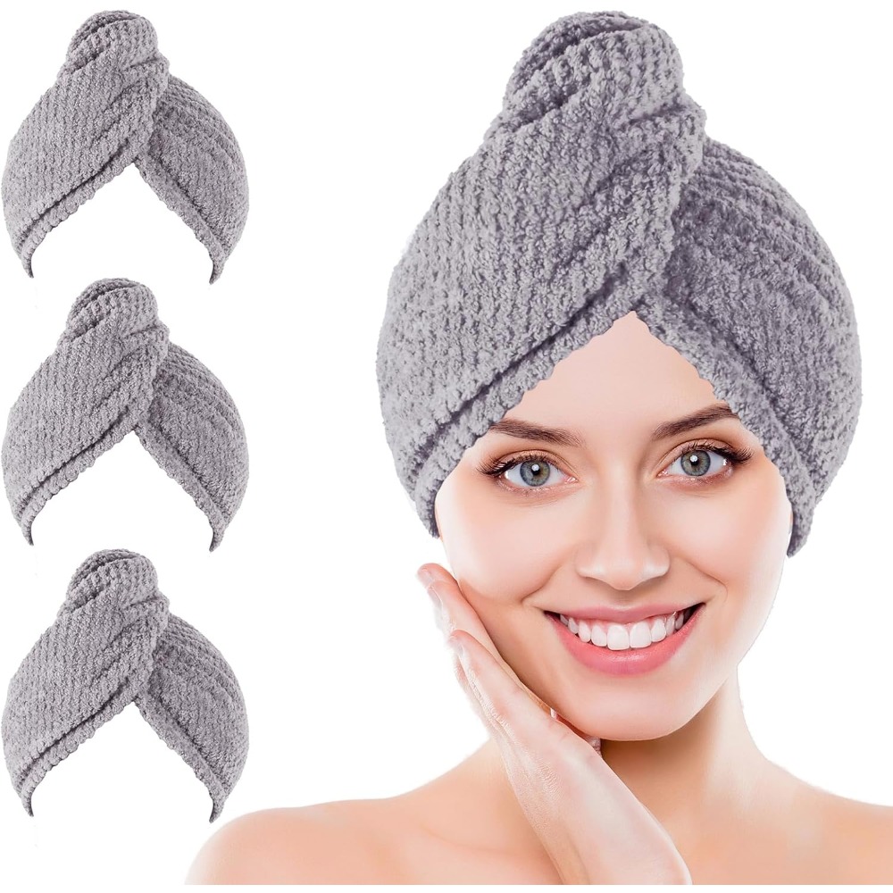Hair Turban Towel - マイクロファイバーヘアタオルラップ 女性用 3枚組 ソフト速乾ターバンタオル カールヘア用 縮れ防止