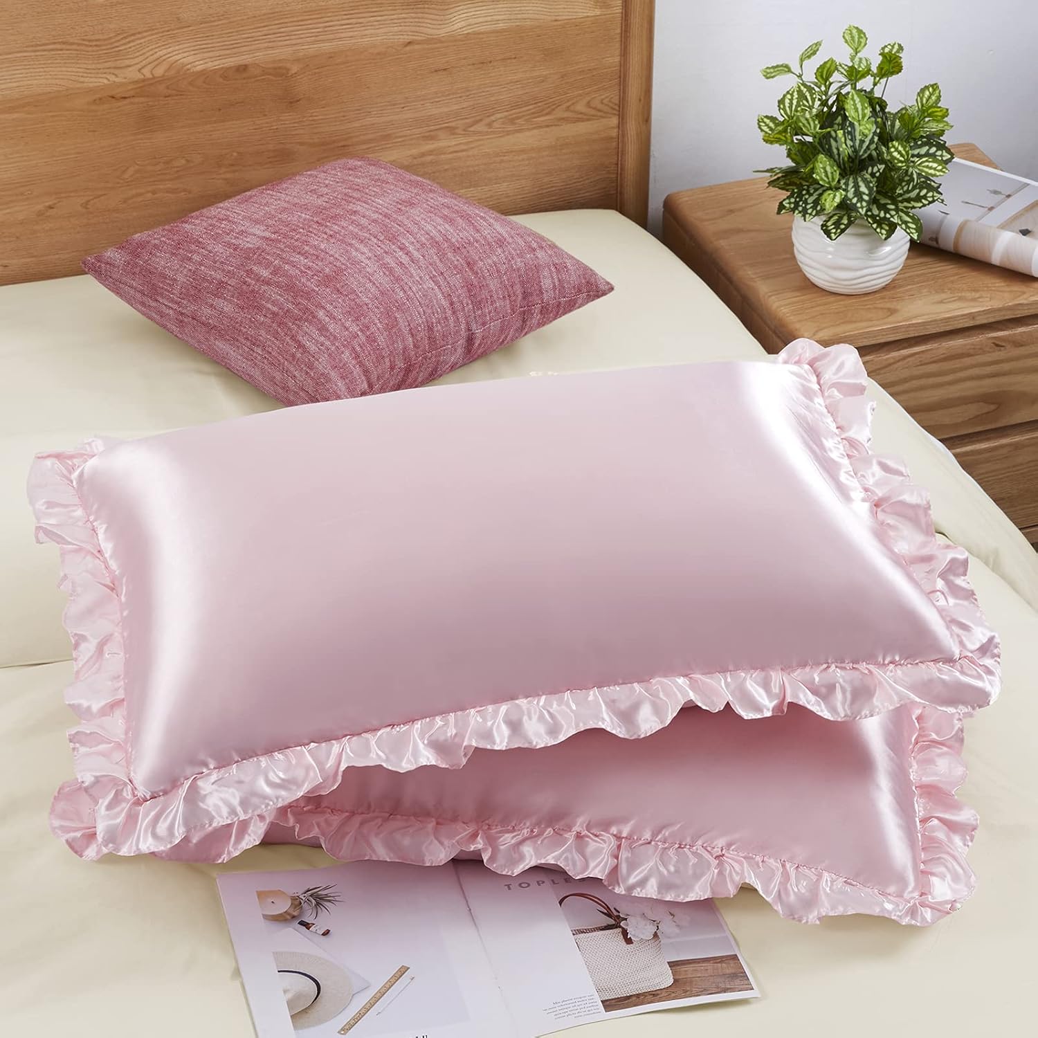 Satin Pillowcase Silk - 2 個のサテンフリル枕カバー、髪と肌用、無地のシルク枕カバー、封筒開閉式、プリンセスルーム装飾。