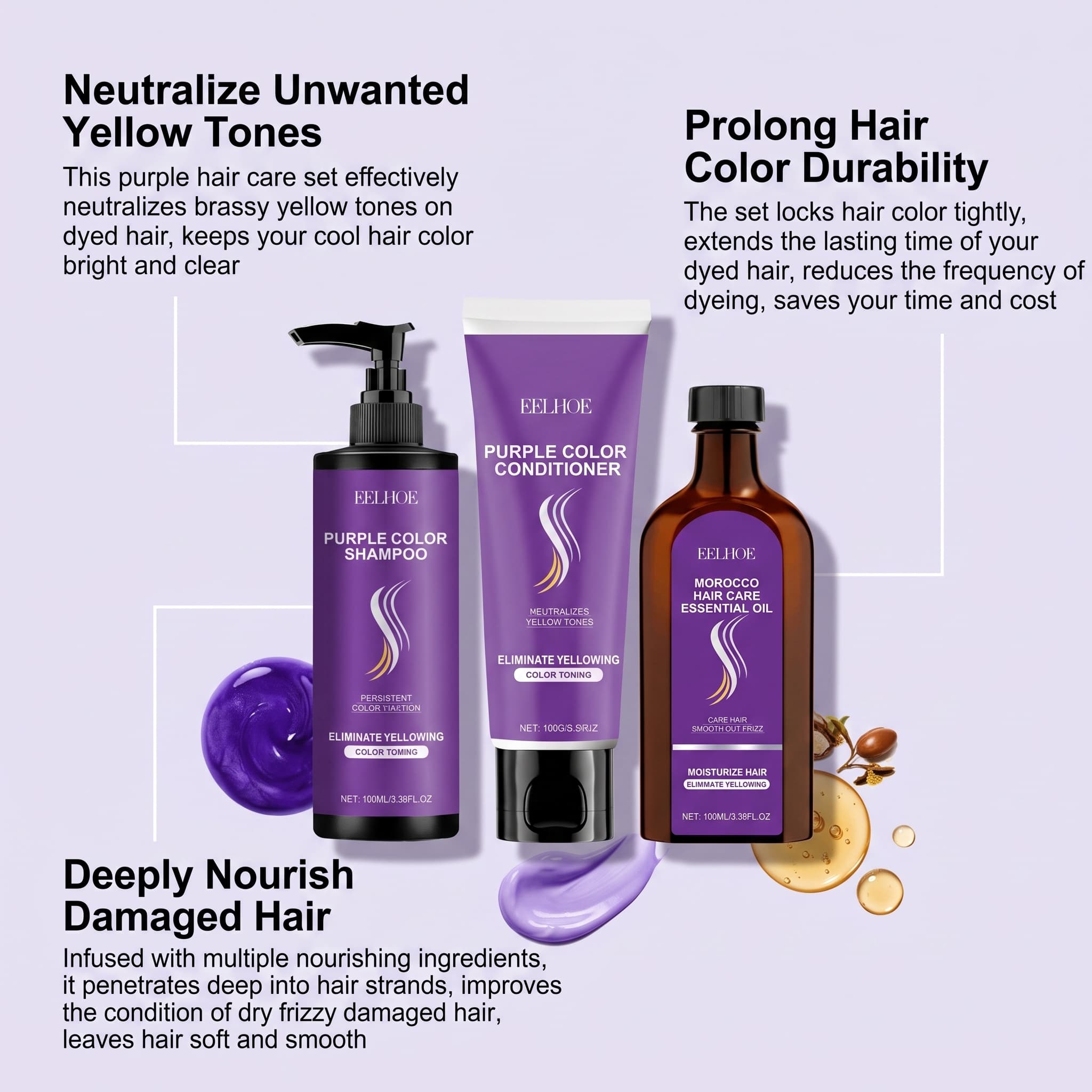 パープルシャンプーセット（コンディショナー、ヘアオイル、セラ - Hair Care Oil Serum のレビューと価格