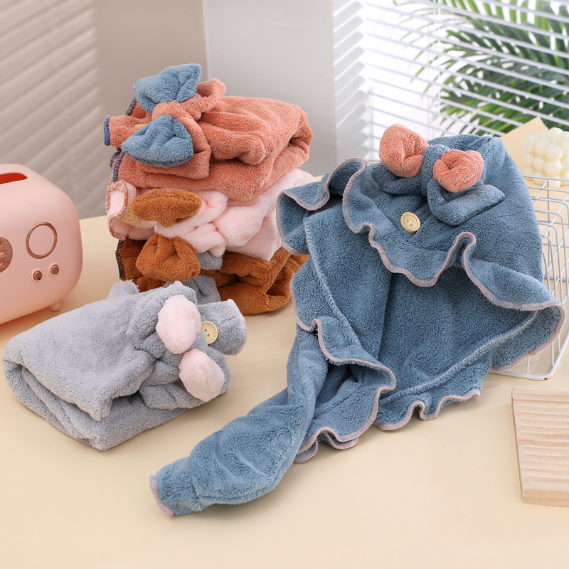 フリース無地ヘアタオルキャップ、ホーム用漫画風結び目プリンセ - Hair Turban Towel のレビューと価格