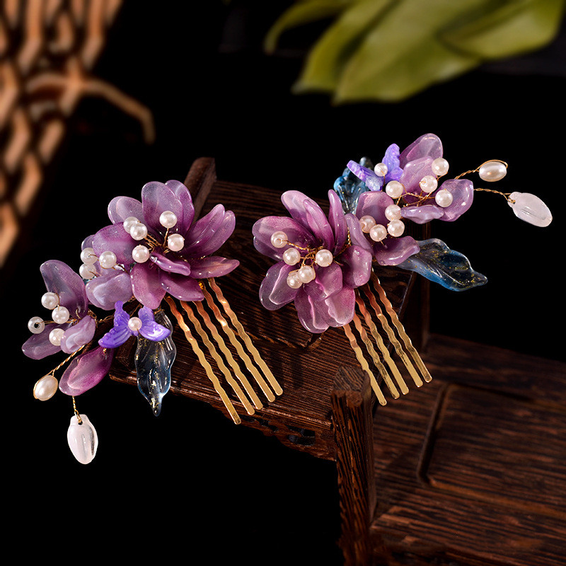 中国の艶をかけられた花のヘアピン,紫色の花の櫛,妖精のタッセ - Hair Care Japanese のレビューと価格