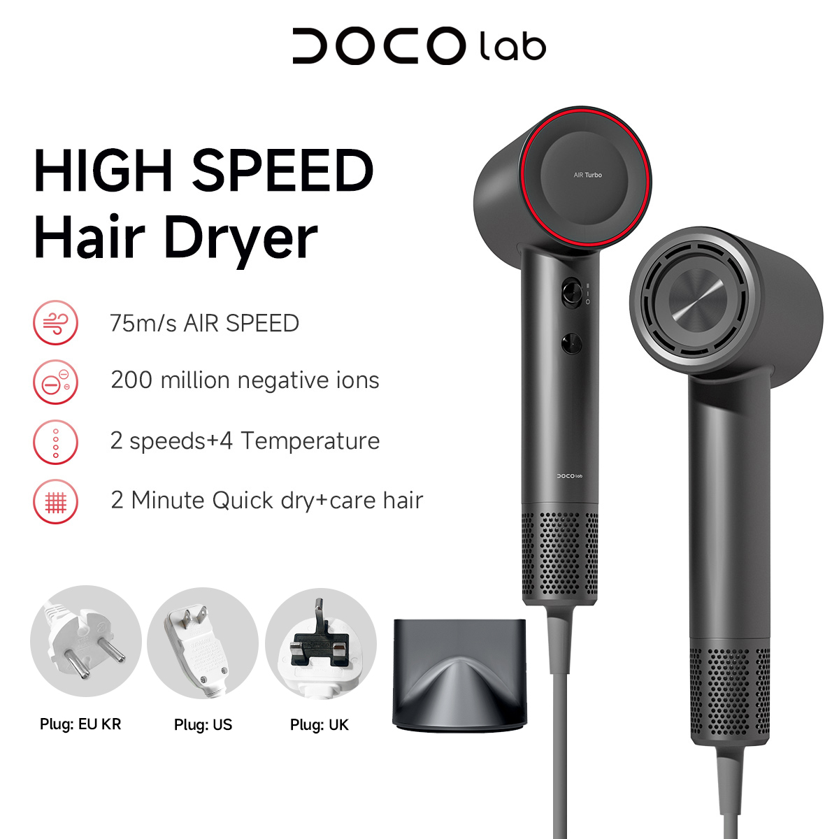 DOCO ヘアドライヤー 高速 75m/s 2億個のマイナス - Hair Care Gift のレビューと価格