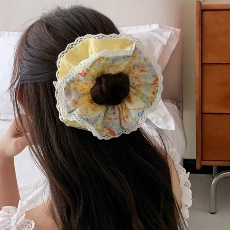 春の油絵風花柄レース付きヘアゴム、韓国風甘くて上品なシュシュ - Hair Care Korea のレビューと価格