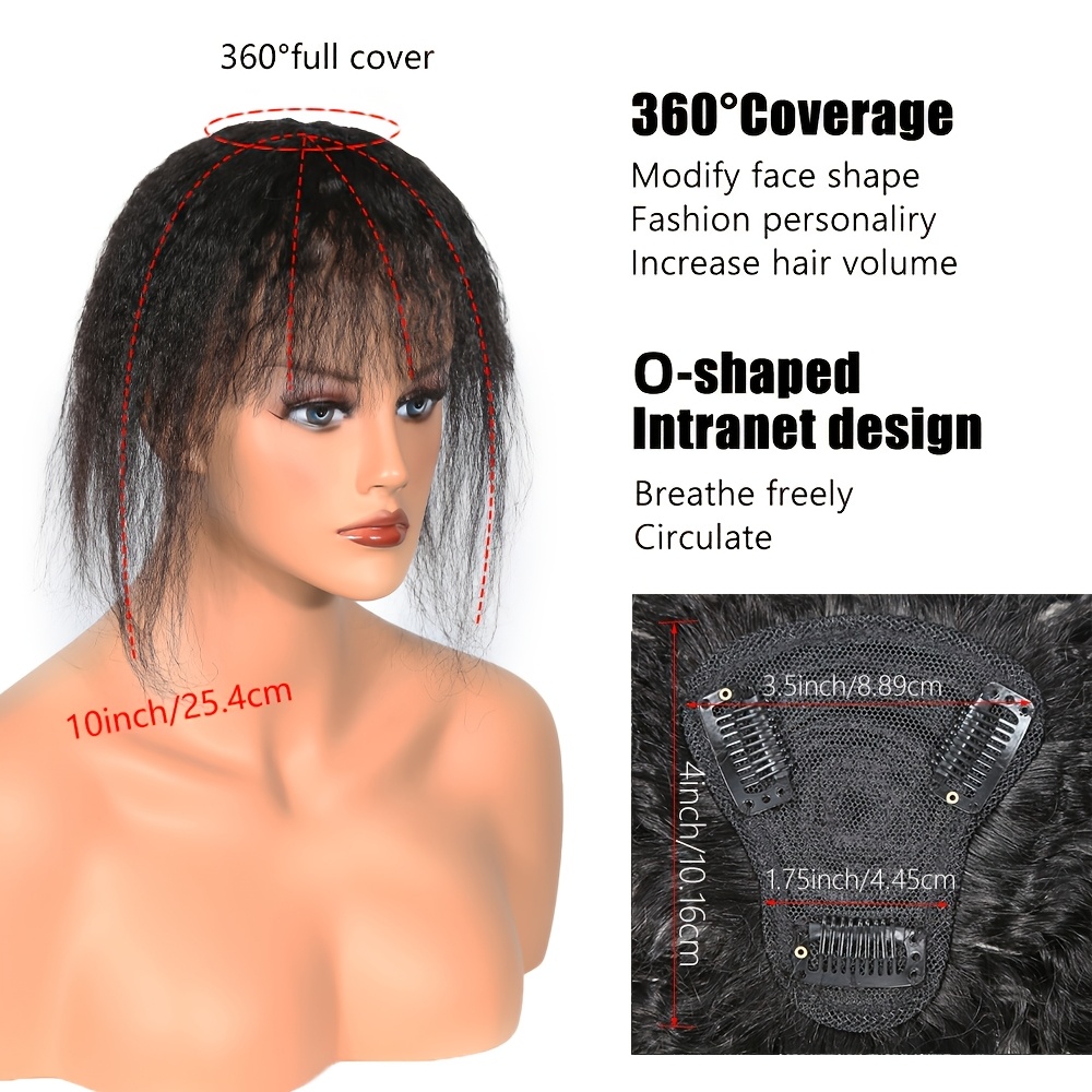 前髪付きキンキーストレートヘアピース、目に見えないクリップ式 - Clip In Hair Piece のレビューと価格